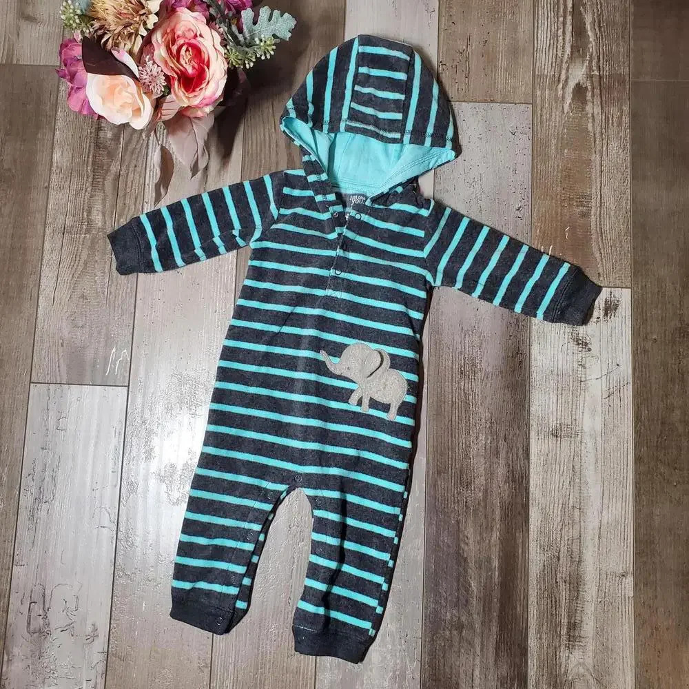 Just One You by Carter's Elephant Striped Fleece Hooded Bodysuit Gray Blue Sz 9M